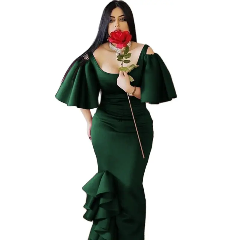 

African Women Green Dresses For Party Formal Elegant Ruffle O-Neck Short Sleeve Peplum Africa Ladies Christmas Wedding Gowns