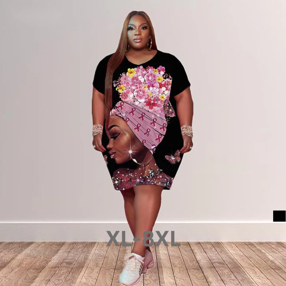 Plus Size Summer Clothes Casual Women Dress Loose Fashion Printed Knee Length Midi Dresses with Pockets Whole 3xl 4xl 5xl 6xl