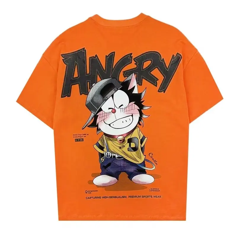 

Summer Men's Cotton T-shirt Japan Q-version Cartoon Short Sleeve Tops High Quality Orange Oversized Tee Men Clothing 2023 New