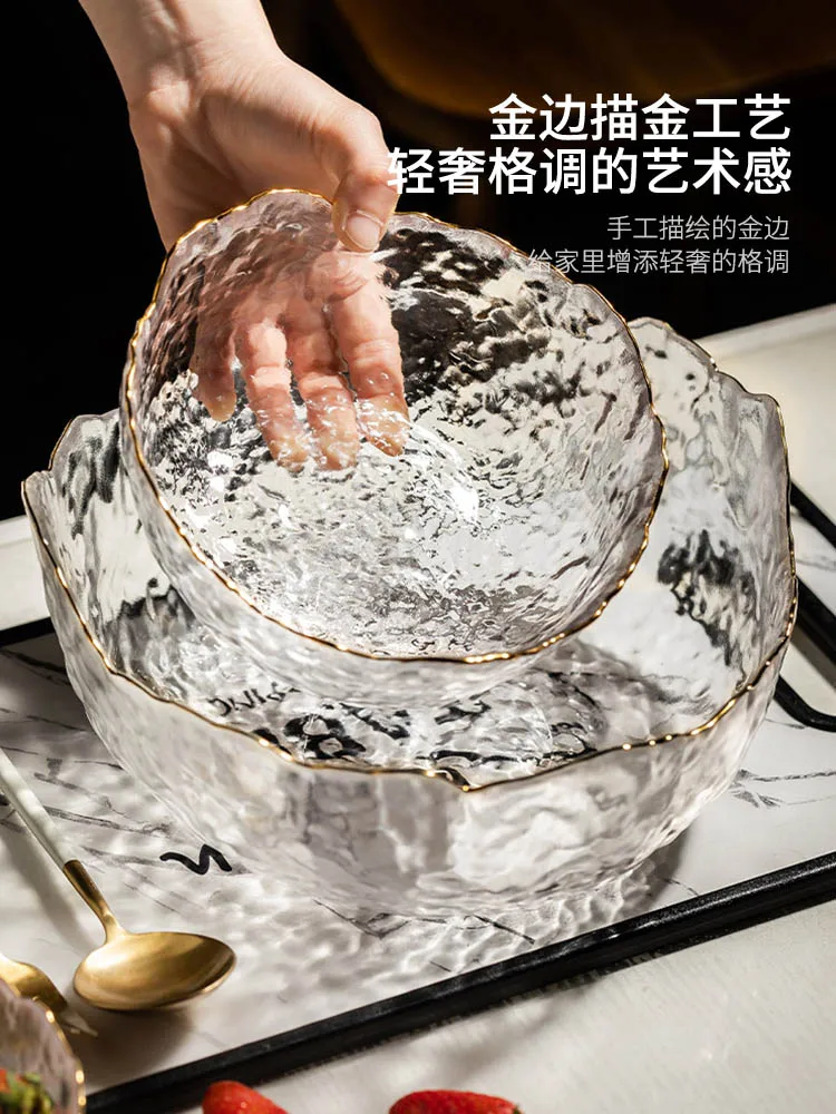 

Korean Ins Style Clear Glass Bowl Home Internet Celebrity Tableware Set Fruit Salad Plate Gold-Edged Bowl