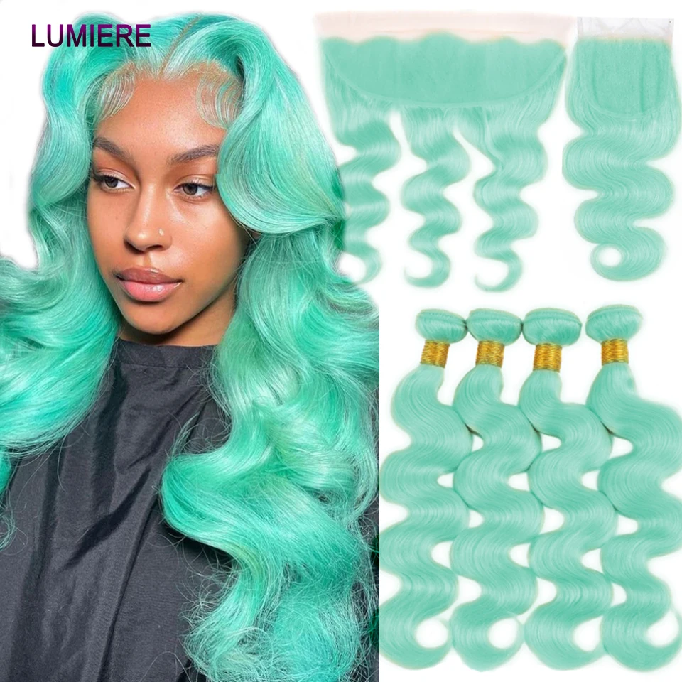 

Lumiere Hair Light Green Body Wave Bundles with Closure Cyan Blue Brazilian 100% Human Hair Weave Bundles with Closure Frontal