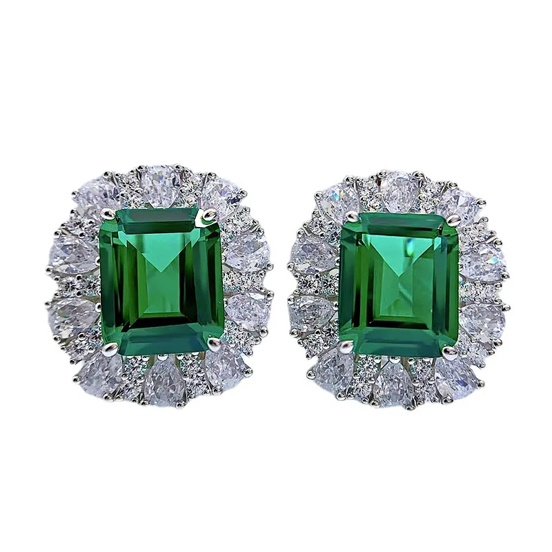 

New fashion trend 925 silver inlaid 5A zircon emerald gemstone earrings Hao inlaid geometric European and American style ladies