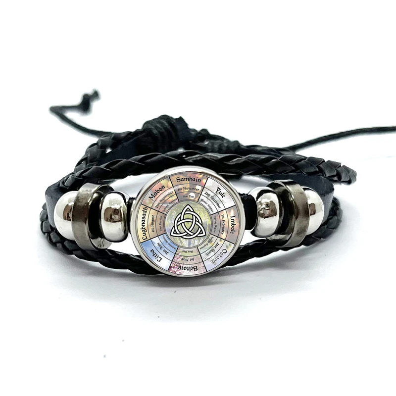 

Witch Knot Pagan Wheel of The Year Theme Bracelets Pentagram Protection Star Amulets Glass Dome Leather Bracelet Bangle Gift