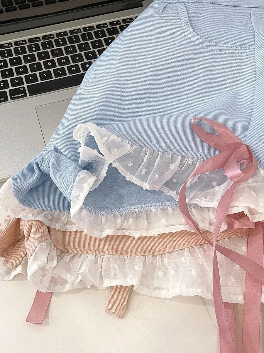 2023 New Summer Sweet Bow Stitching Women's Casual Shorts Pants Contrast Color A- Line High Waist Slimming Pink Denim Shorts