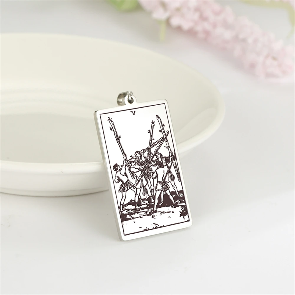 

Wholesale 24x40mm Five Of Wands Tarot Cards Charms Vintage Amulet Pendants For Keychian Necklace Handmade Diy Accessories