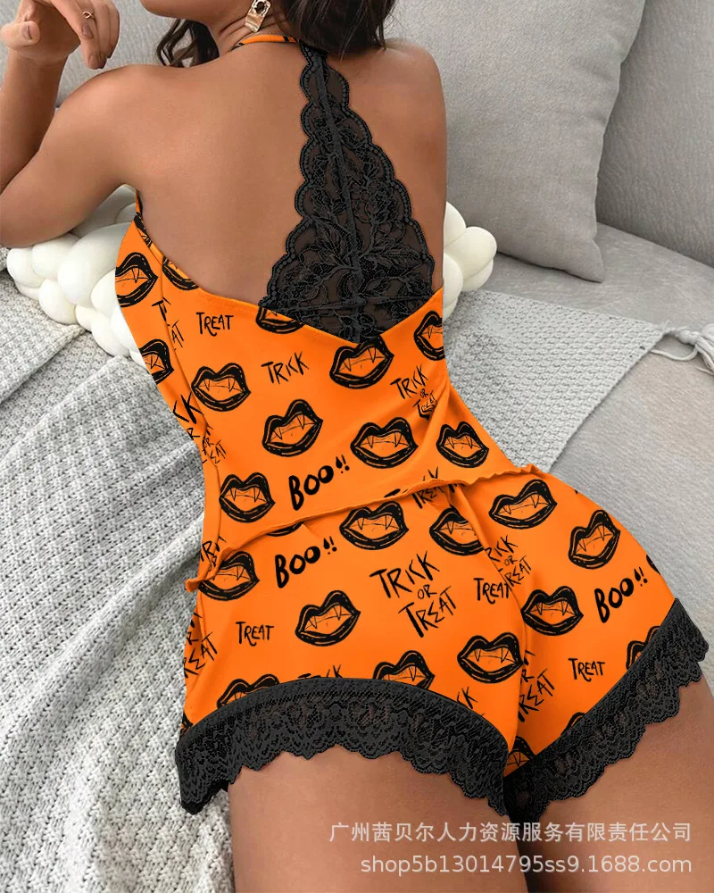

Женский кружевной комплект на бретельках с принтом в виде губ, Женская домашняя одежда, майки без рукавов, топы, шорты, брюки