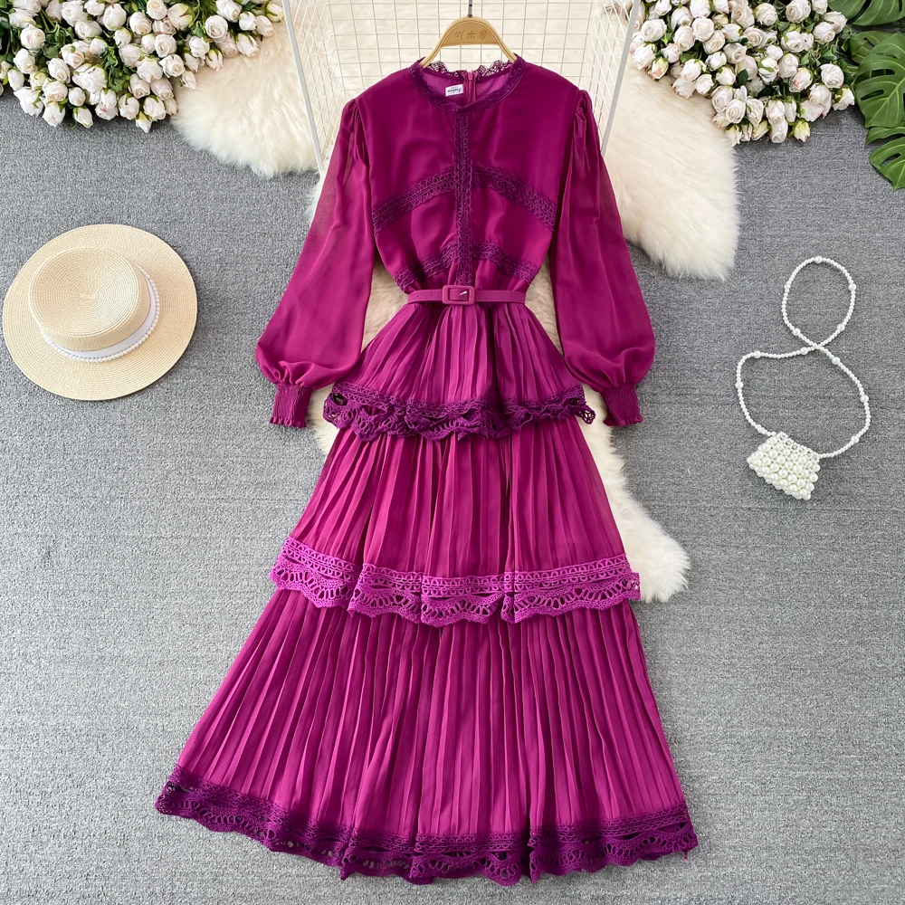 

Women's Elegant Lace O Neck Lantern Sleeve Long Dress Spring Autumn Vintage Long Sleeve Solid Color Layers Cake Dress