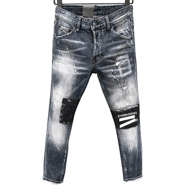 2022new starb Italian original  jeans strong wear hole patch paint dot hip hop slim fit elastic pants mid waist soft multi color