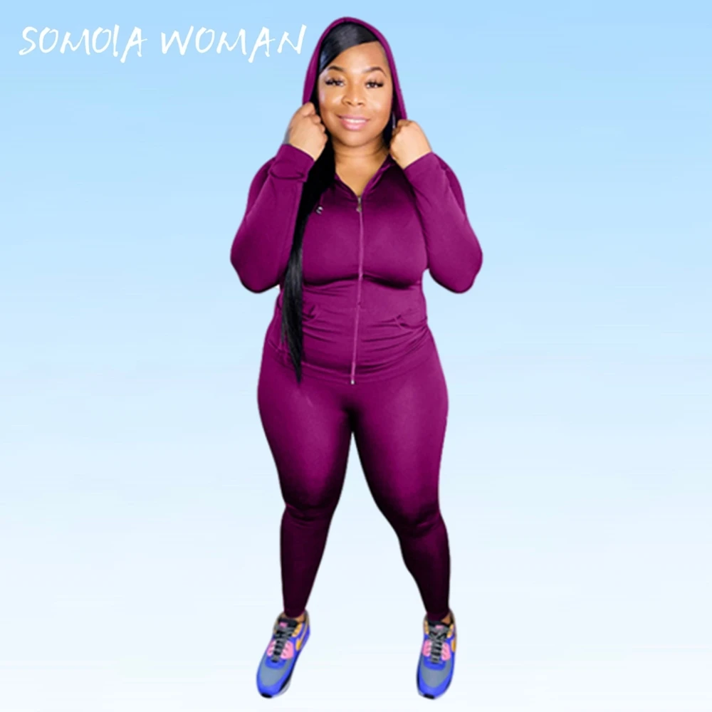 

Plus Size Women's Clothing Solid Color Hooded Women Tracksuits Long Sleeve Zipper Matching Sets Elastic Pant Set Fitness Suits