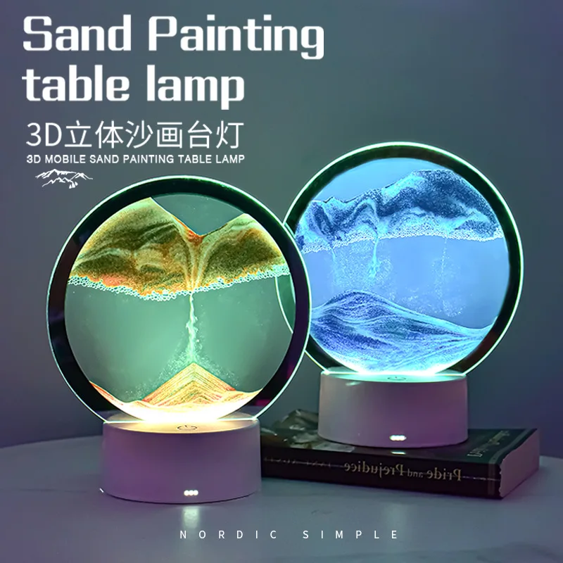 LED RGB Sandscape Lamp， Moving Sand Art Night Light with 7 Colors Hourglass Light 3D Deep Sea Display Decoration Christmas Gift