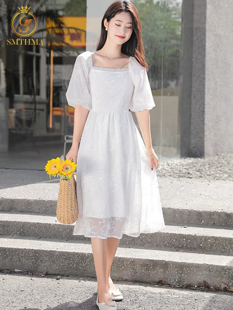 

SMTHMA Новое модное белое Пышное летнее платье с коротким рукавом и квадратным вырезом, женское элегантное подиумное платье с вышитыми цветам...