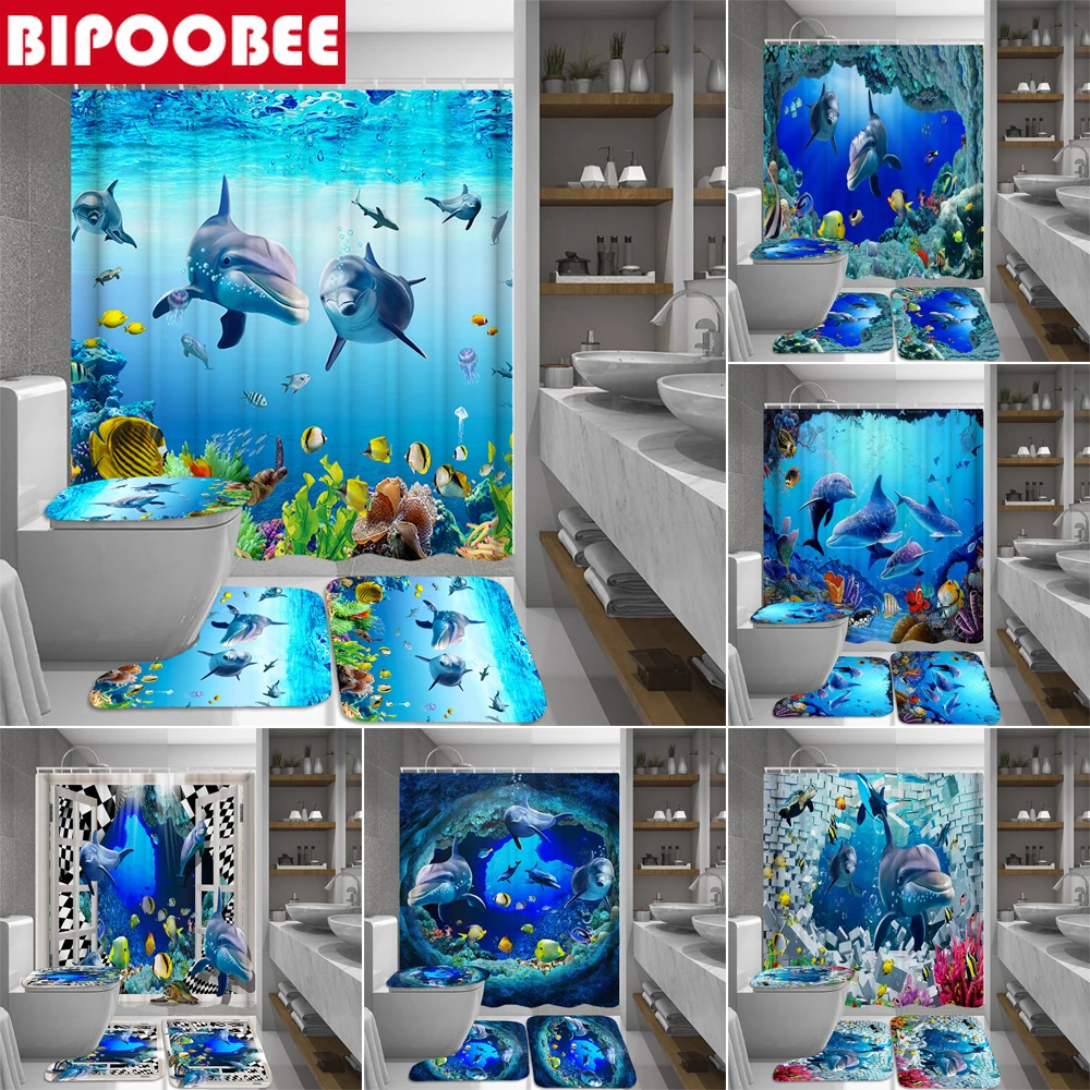 

Ocean Underwater Scenery 3D Shower Curtain Seabed Animals Dolphin Coral Bathroom Mat Toilet Lid Cover Bath Rugs Set Home Decor