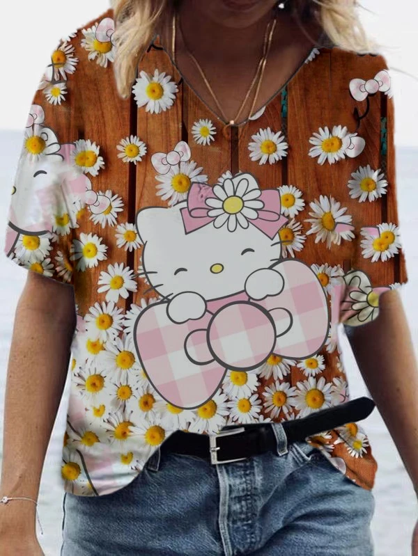 

Women's T-Shirt V-Neck Short Sleeve Cotton Top Loose Fit Women's Summer Casual Simple Top Hello Kitty T-Shirt Graphic Pattern