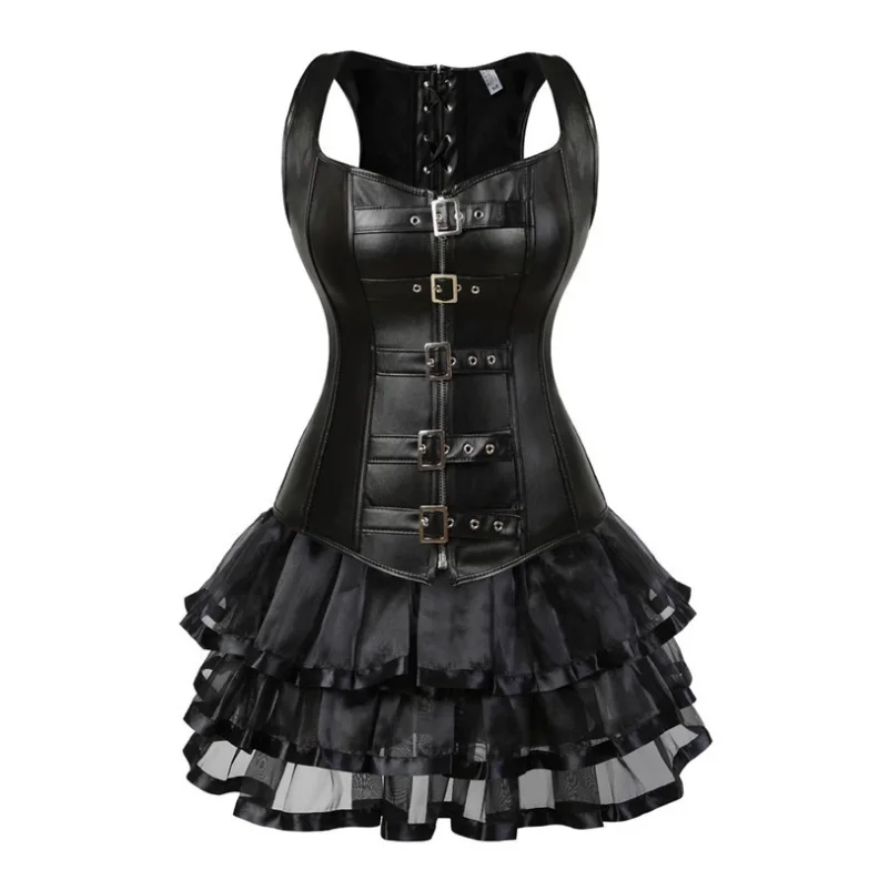 

Renaissance Steampunk Corset Dresses Gothic Corselet Body Shaper Faux Leather Corset Bustier and Mini Skirt Tutu Set Plus Size