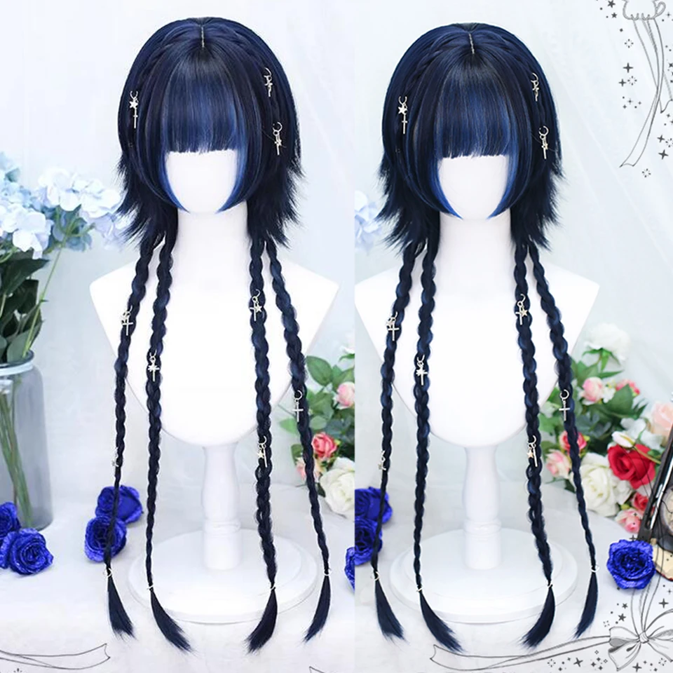 

HOUYAN Synthetic Blue highlights black long straight hair girl wig curly cosplay Lolita bangs wig Heat resistant party