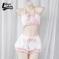 halter ruffles women kawaii maid outfit sweet sexy sleepwear lovely cosplay costumes bandage bow lace tops and bloomers set new
