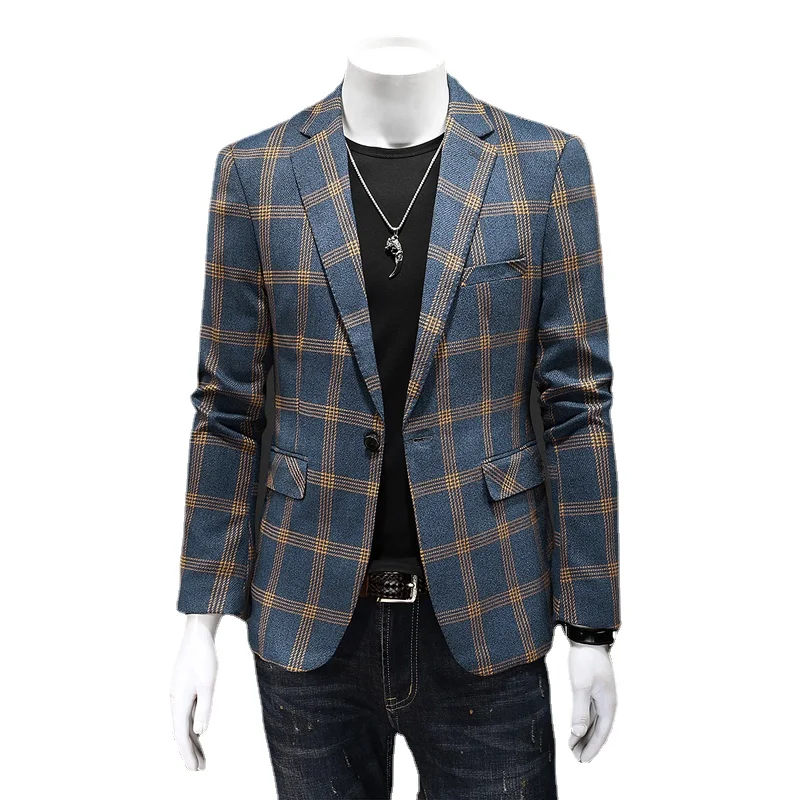 

Qj Cinga Brand Mens Business Striped Suit Blue / Navy / Yellow Fashion Wedding Prom Party Dress Blazers Jacket Homme Size 5XL-S