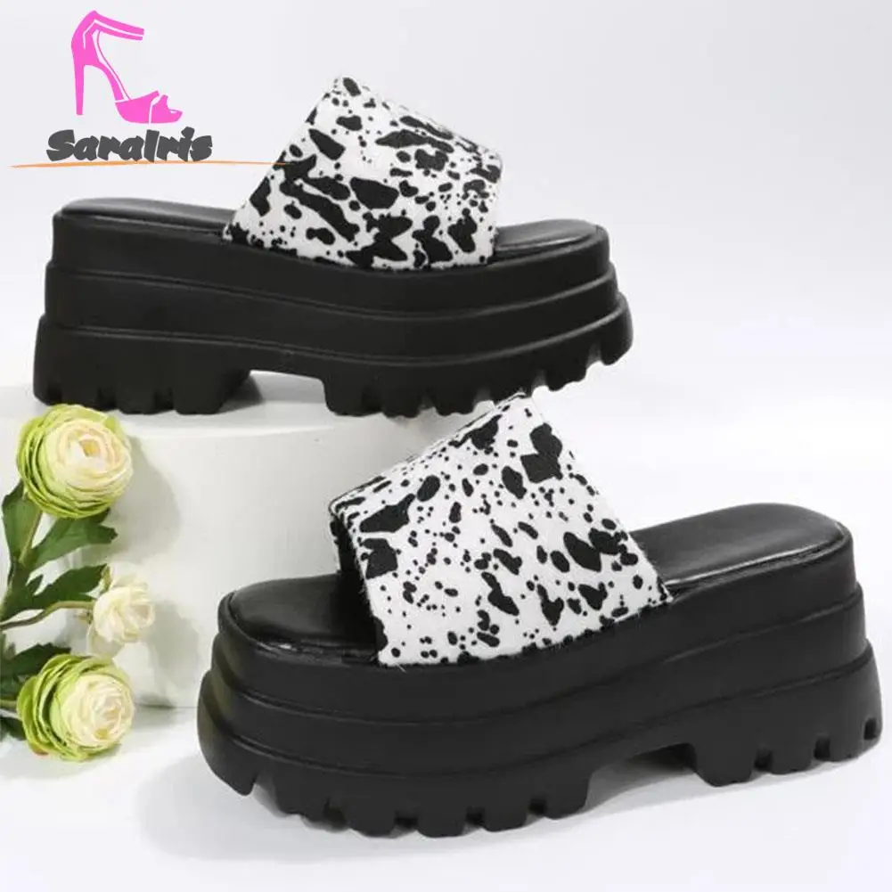Saralris 2023 Summer Women Splatter Paint Pattern Single Platform Sandals Fashionable Comfort Outdoor Nylon Slide Slipper Shoes