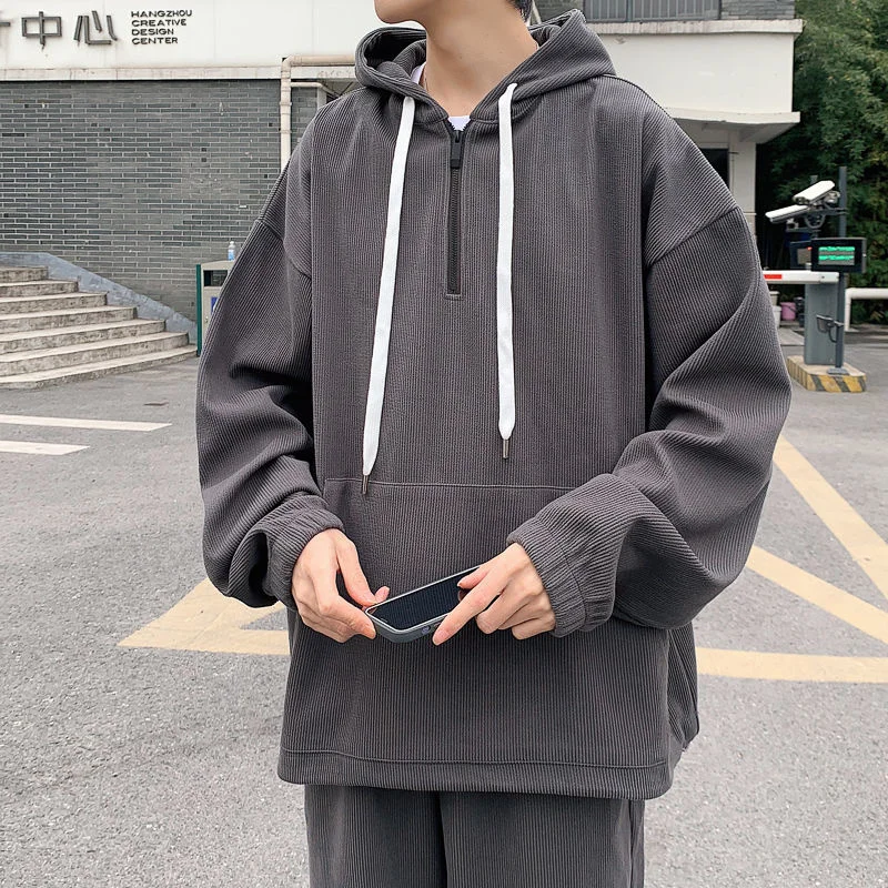 

Серый черный спортивный костюм, Мужская модная толстовка с капюшоном/брюки, мужские корейские свободные повседневные комплекты, мужская од...
