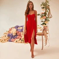 short prom dress red a line thigh slit spaghett straps sexy prom gown midi tea length backless sweetheart simple party dresses
