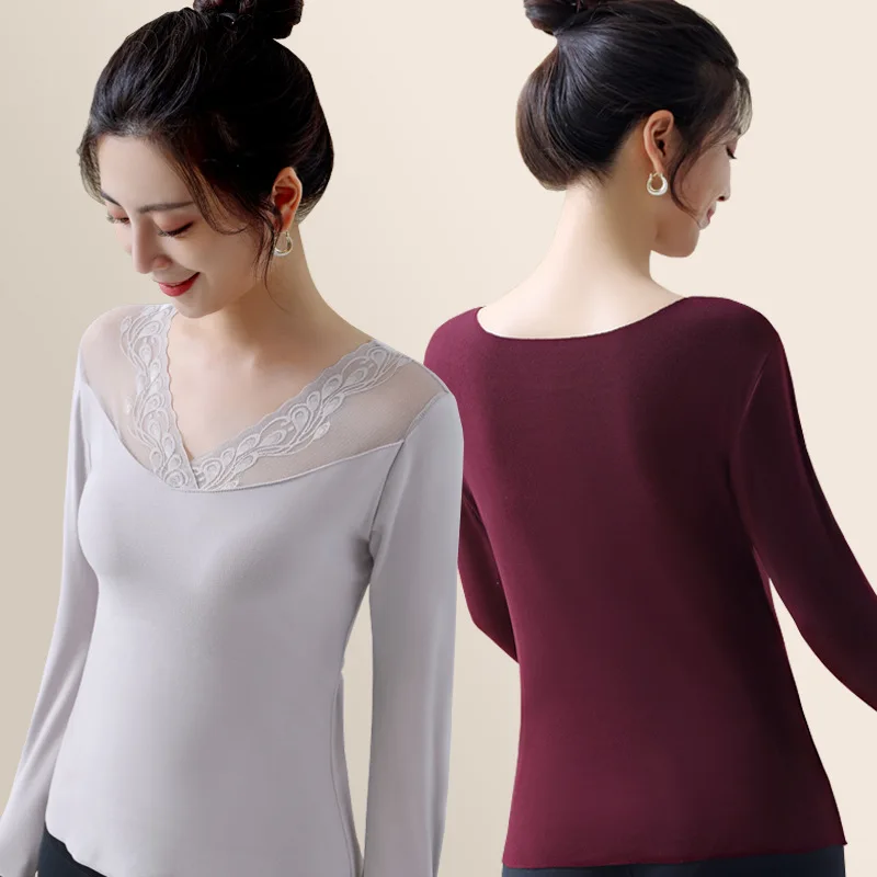Sexy Lace Women's Thermal Underwear With Bra Winter Thermo Lingerie V Neck Slimming Warm Bottoming Top Warm Undershirt Intimate