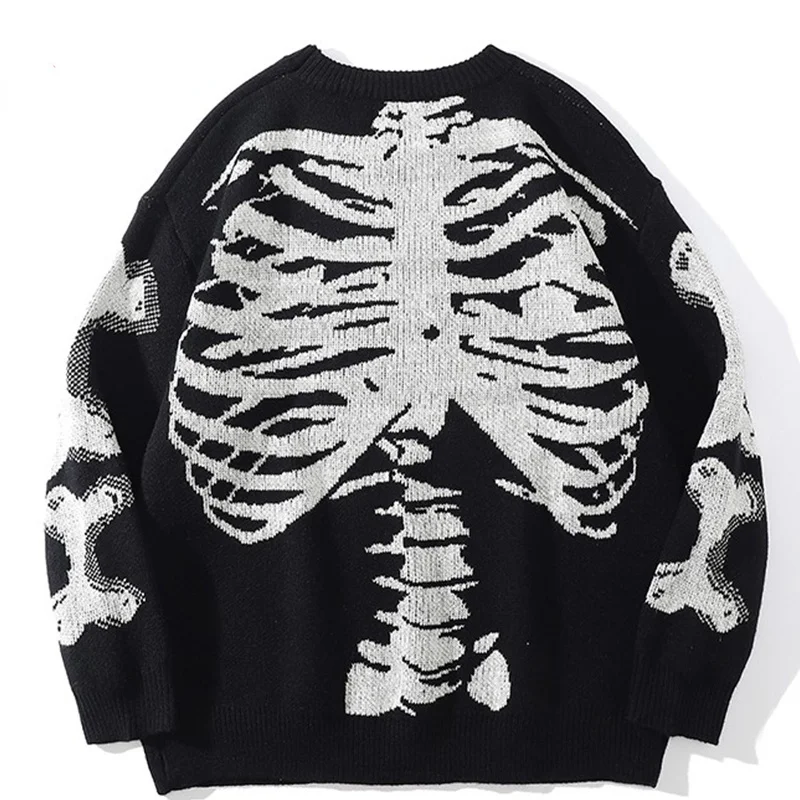 

Men Oversized Sweater Black Loose Skeleton Bone Print Women Vintage Retro Knitted Sweater 2023 Autumn Cotton Pullover Unisex