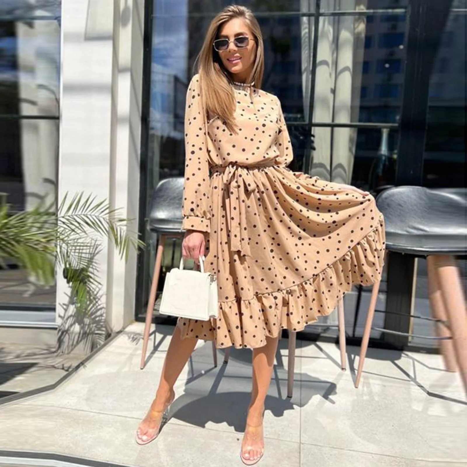 

Women's Long Sleeve V Neck Ruffle Polka Dot Mini Dress Casual Loose High Waist Swing Tunic Dress Womens Dresses Semi Casual