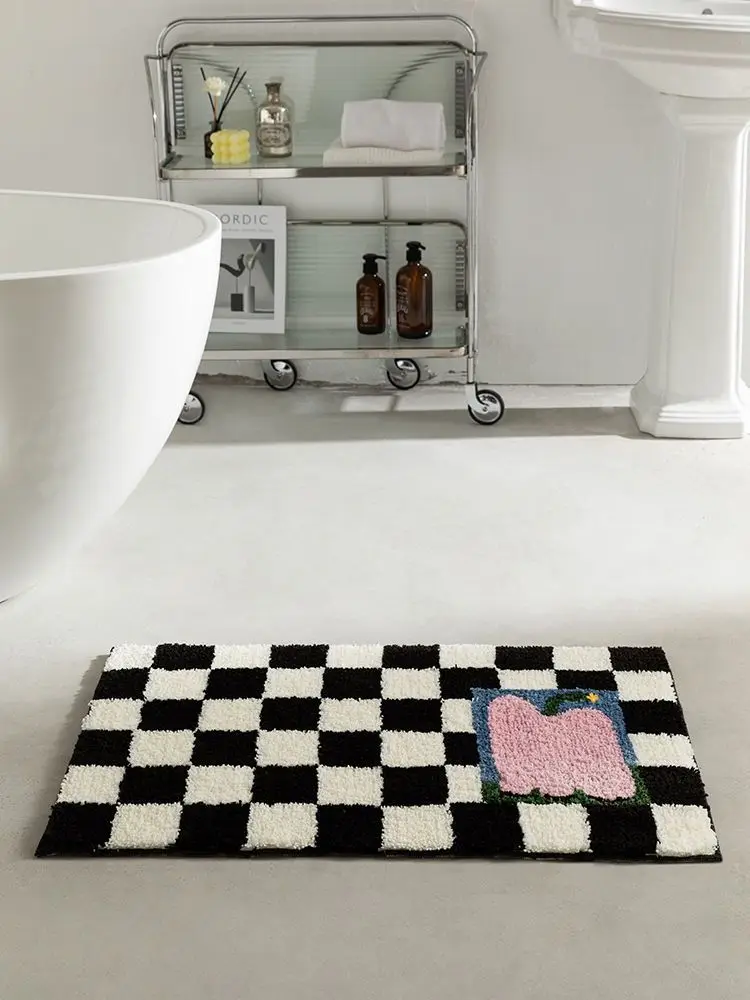 

Bathroom Door Mat Black and White Lattice Foot Mat Bathroom Bathroom Absorbent Pad Carpet Room Bedroom Bedside Blanket