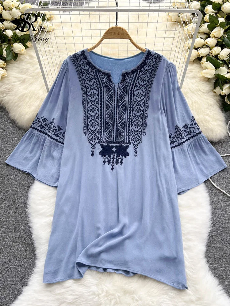 

LIRUICHENG Embroidary Bohemian Women Dress Flare Sleeves Solid Retro O Neck 2022 Fashion Loose Ladies Midi Dresses