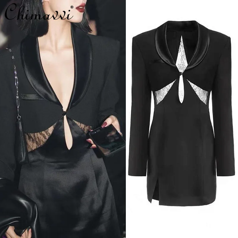 

Spring 2022 Lace Stitching Backless Sexy Slimming Dress Women's Fashion Tailored Collar Hollow-out Long Sleeve Dress Female