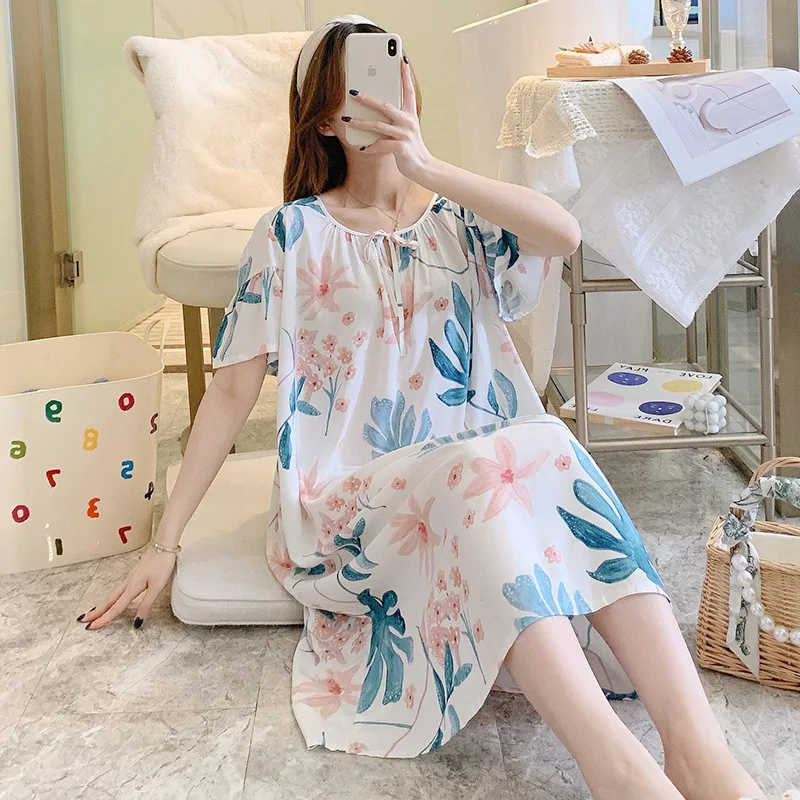 New Women's Nightgown Floral Print Short Sleeve Nightdress Comfy Sleep Nightshirt Pajama Dress Soft Sleepdress Loose Sleepwear