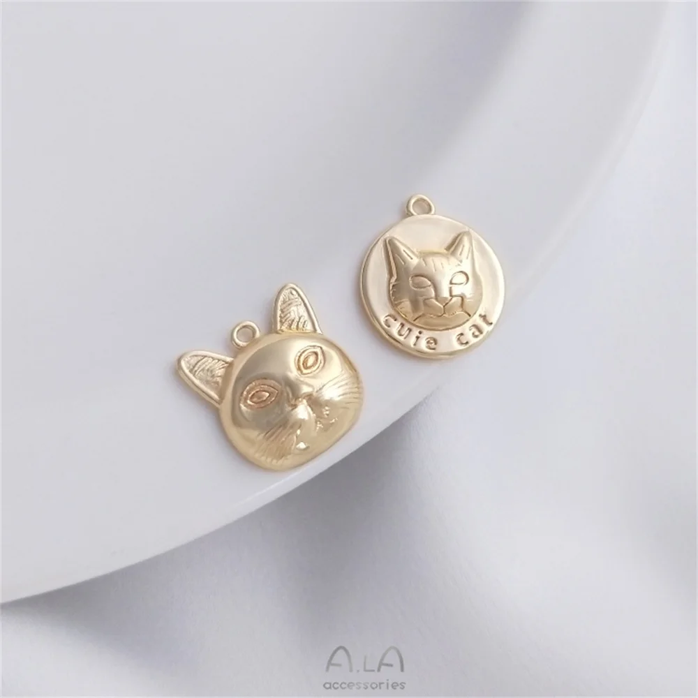 

14K gold cat head pendant kitten pendant handmade diy bracelet necklace charm jewelry accessories