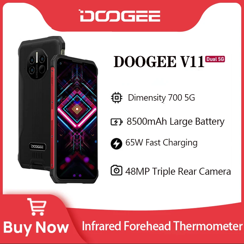 DOOGEE V11 Dual 5G Rugged Phone 6.39 Infrared Forehead Thermometer 48MP AI Main Camera 8GB+128GB 8500mAh Large Battery Phone