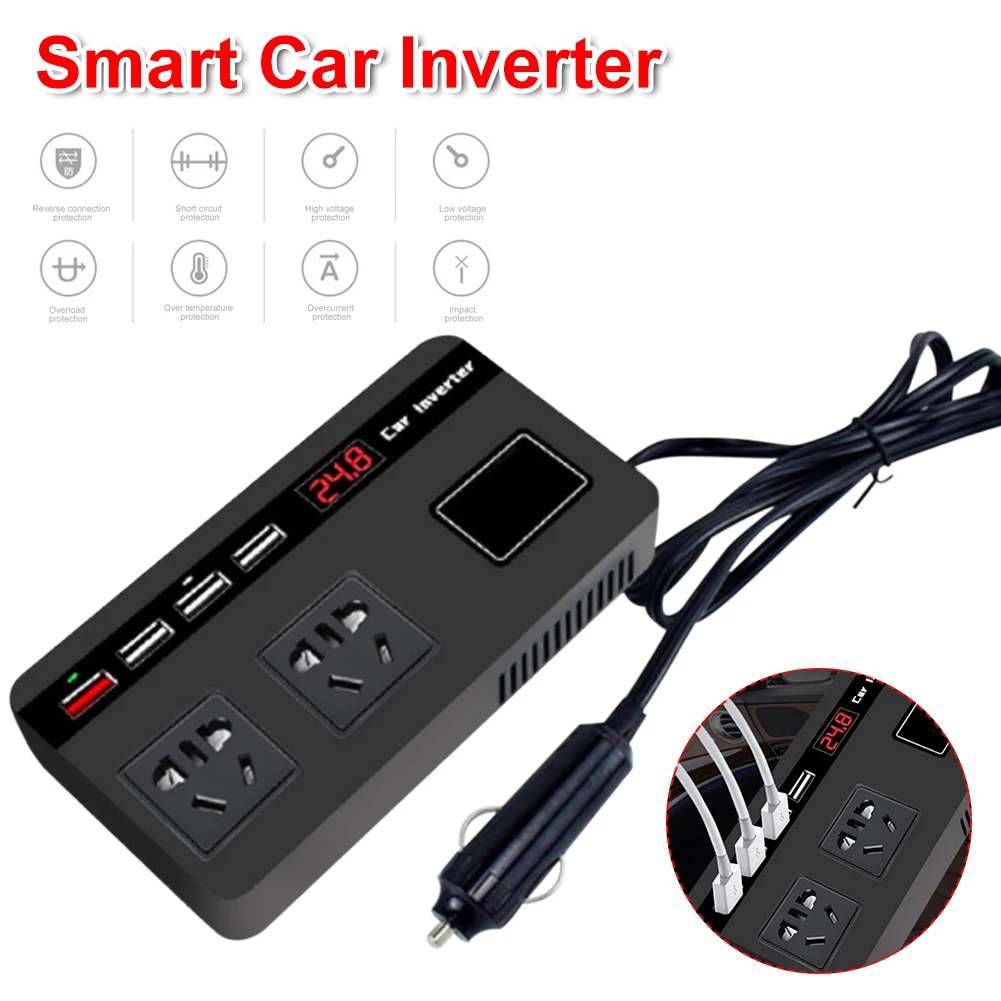 

200W Car Power Inverter 12/24V DC to 220V AC Voltage Converter with Digital Display 4 USB QC3.0 Fast Charging Phones Stablets