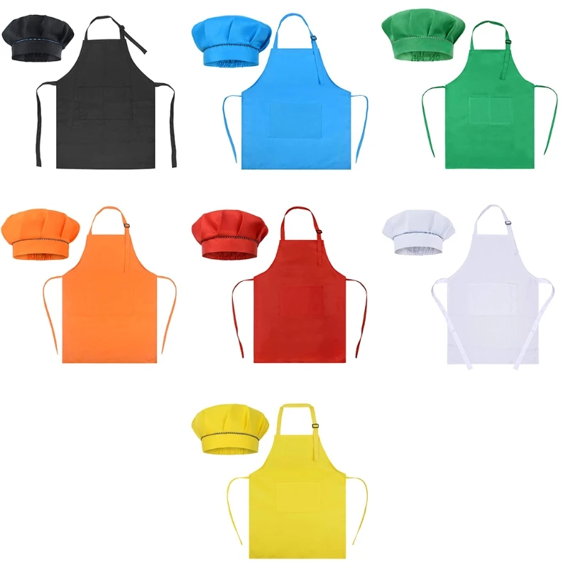 

Kids Boys Girls Chef Outfits Solid Color Musroom Hat Apron Uniform for Cooking
