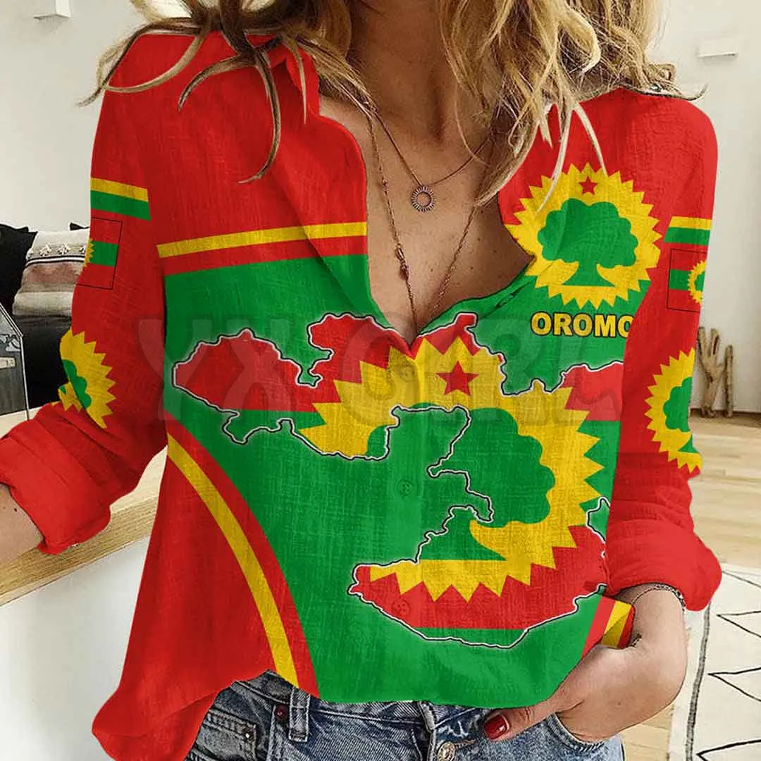 YX GIRL Oromo Active Flag Women Casual Shirt 3D Pri nted Button-down Shirt Casual Unique Streewear