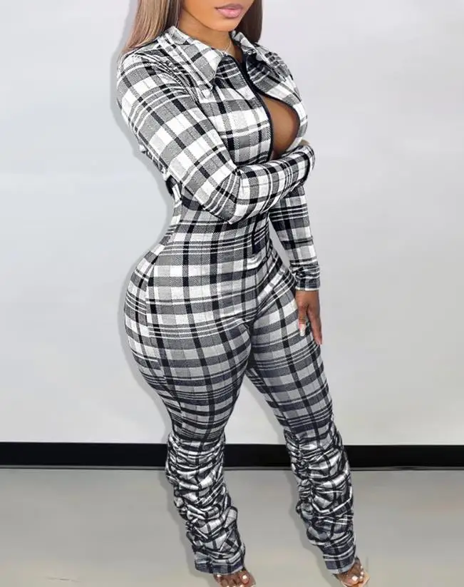 Plaid Print Zipper Design Ruched Jumpsuit for Women Long Sleeves Skinny Rompers Lady Clothing Fashion New