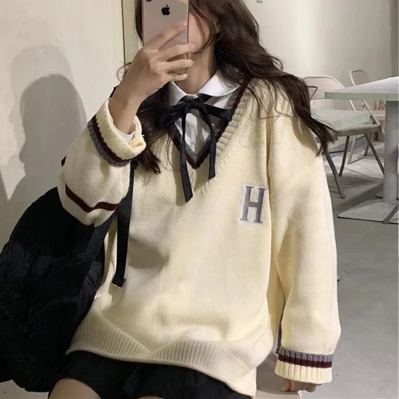 

V-Neck Korean Autumn Knitted Sweater Women Long Sleeve Casual Knitwear Jumpers Loose Striped Letters Pullovers Oversize