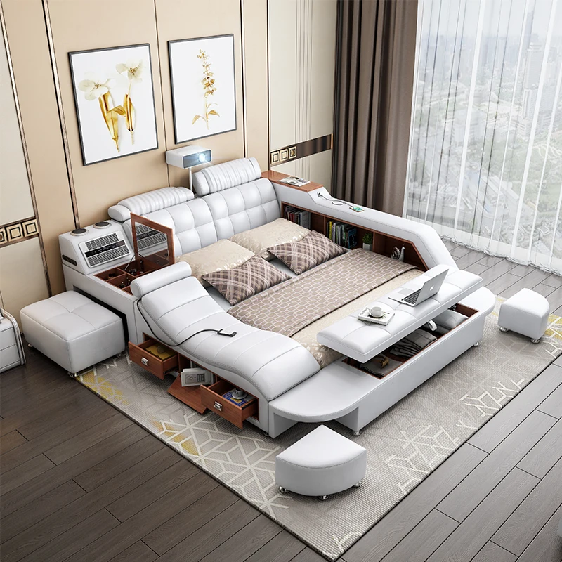 

Genuine Leather Bed Multifunctional Beds Ultimate Massage Camas with Bluetooth,Speaker,Minikeeper,Air Cleaner, Projector,Drawers