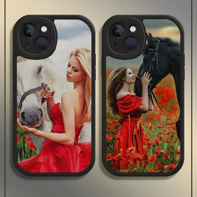 

Animal Horse With Girl Phone Case Lambskin For Iphone 13 Pro Max 12 11 14 Mini X Xr Xs 8 7 Puls Se Luxury Mobile Design Cover