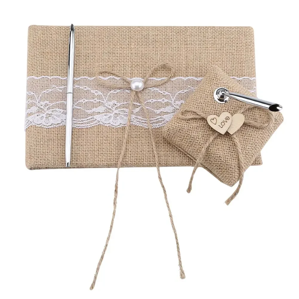 

Vintage Personalized Wedding Guest Book Embellished Burlap Wedding Guest Book and Pen Stand In Stock