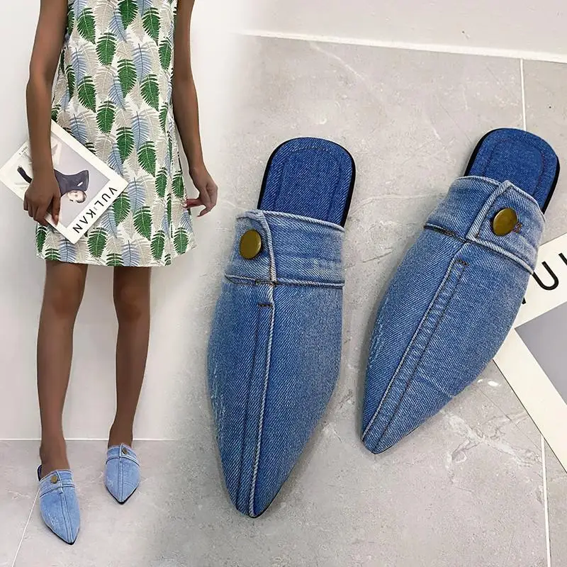 

2022 Spring And Summer New Niche Design Denim Toe Drag Comfortable Soft Bottom Non-slip One-foot Sandals Women's Slippers