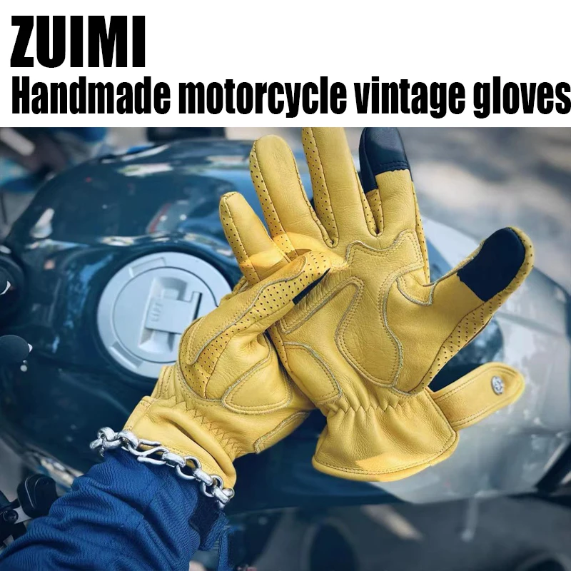 New Genuine Leather Retro Motorcycle Gloves Full Finger Touch Screen Knuckle Protection Racing Riding Motorcycle Gear