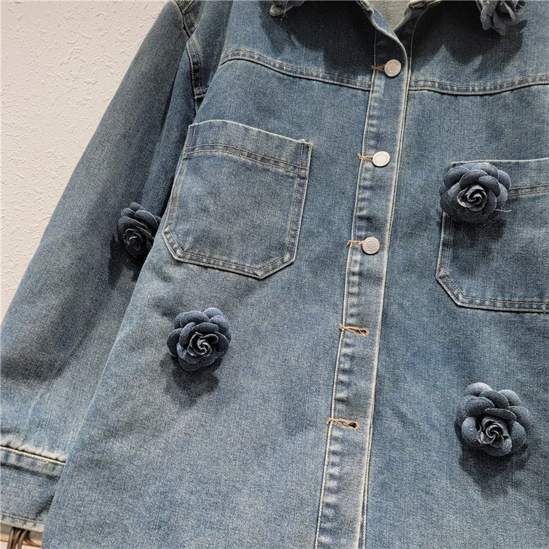 202 трехмерная джинсовая рубашка с длинными рукавами и лацканами в виде розы