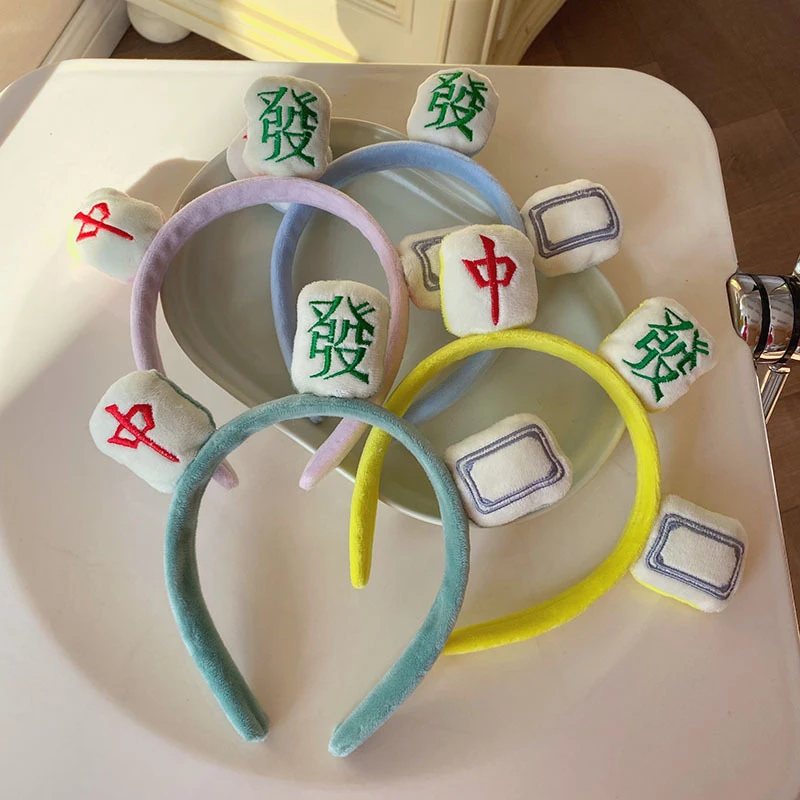

New Creative Funny Plush Mahjong Headband Women Girls Wide Side Hairbands Hair Hoop Non-slip Hair Accessories Girls Head Wrap