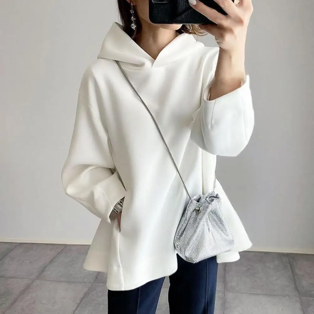 

Women Hoodie Stylish Women's Hoodie with Drawstring Long Sleeves Irregular Hem for Spring Autumn Streetwear Solid Color Hoodie