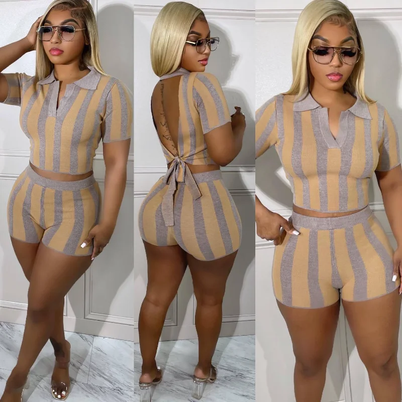 

Женский комплект из 2 предметов KEXU, футболка с отложным воротником и коротким рукавом и шорты с открытой спиной, летний спортивный костюм в полоску, 2023