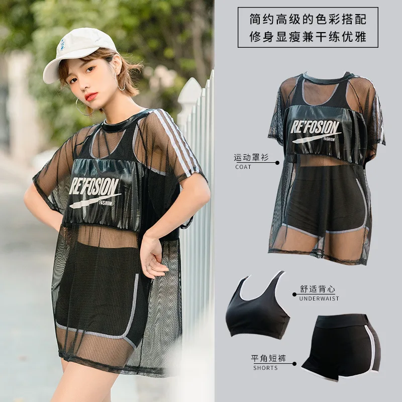 

Flat Angle Shorts+Long-Sleeve Printed Swimwear Split Sunscreen Surfing Swimsuit Women 3 Piece Set Diving Clothes Swimming Suit