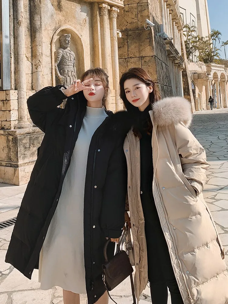 New Winter Quilted Warm Midi Women's Cotton Down Coat Office Lady Elegant Solid Fur Collar Long Overcoat 2022 Fashion