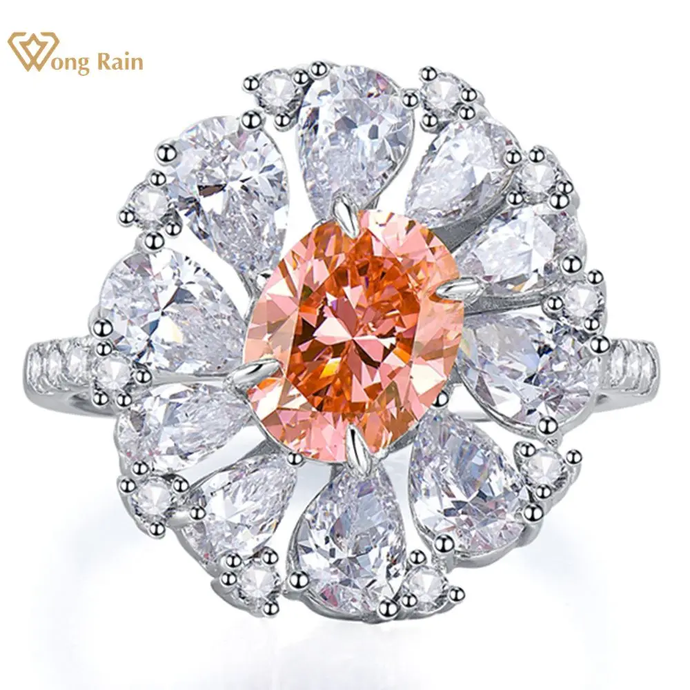 

Wong Rain 925 Sterling Silver Crushed Ice Cut Padparadscha High Carbon Diamonds Gemstone Wedding Engagement Fine Jewelry Ring
